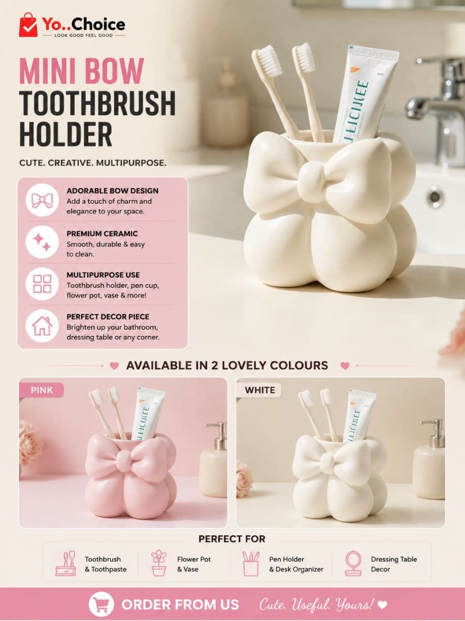 Mini Cream-Colored Bow Creative Funny Toothbrush Holder, E006SN