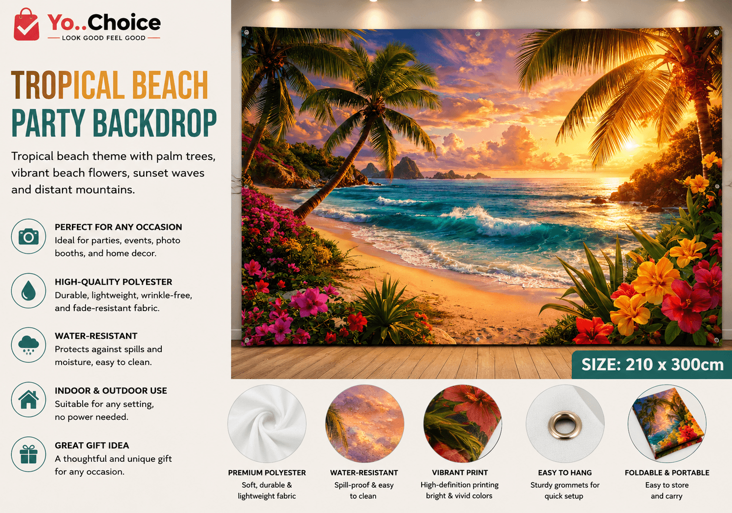 2D Flat Tropical Beach Party Backdrop 210 BY 300CM FRAMELESS E033SN