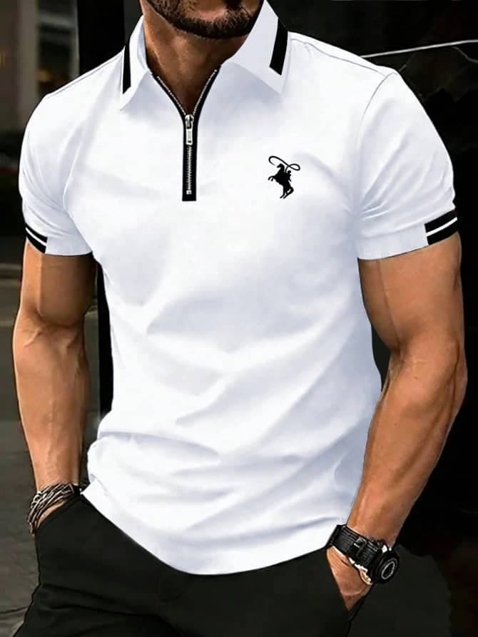 L075SN Calvornis Men's Striped Knight Print Half-Zip Polo Shirt