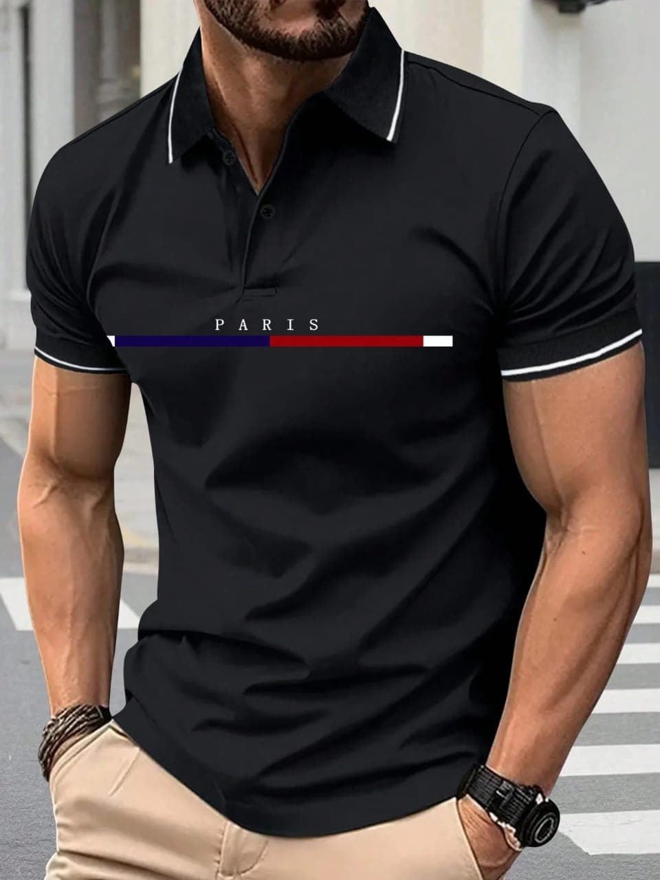 L077SN Men's Colorful Striped Paris Print Polo Shirt