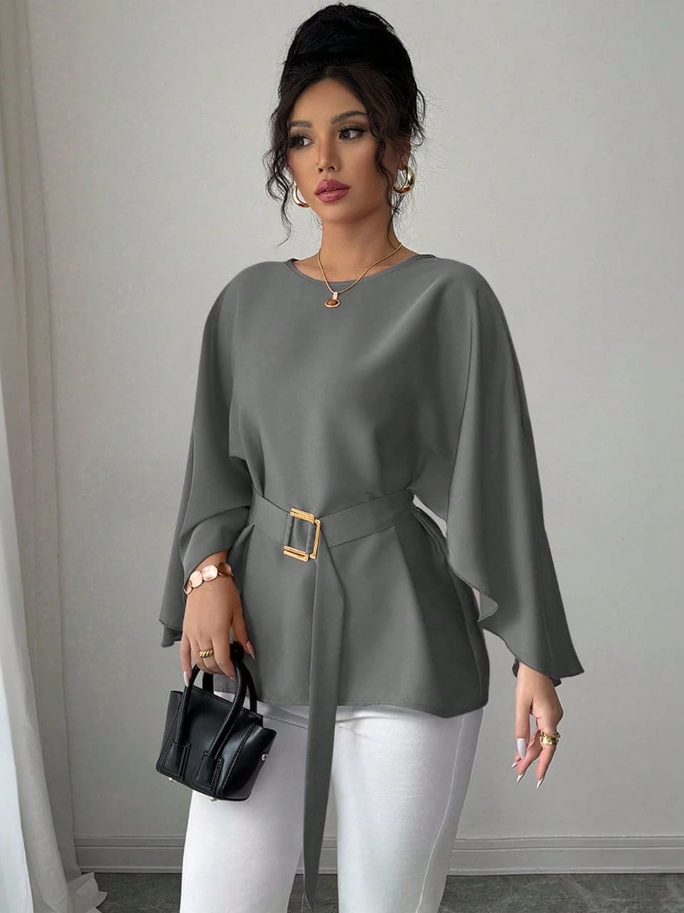 L122SN Selianne Women's French Style Batwing Sleeve Waist-Tie Blouse