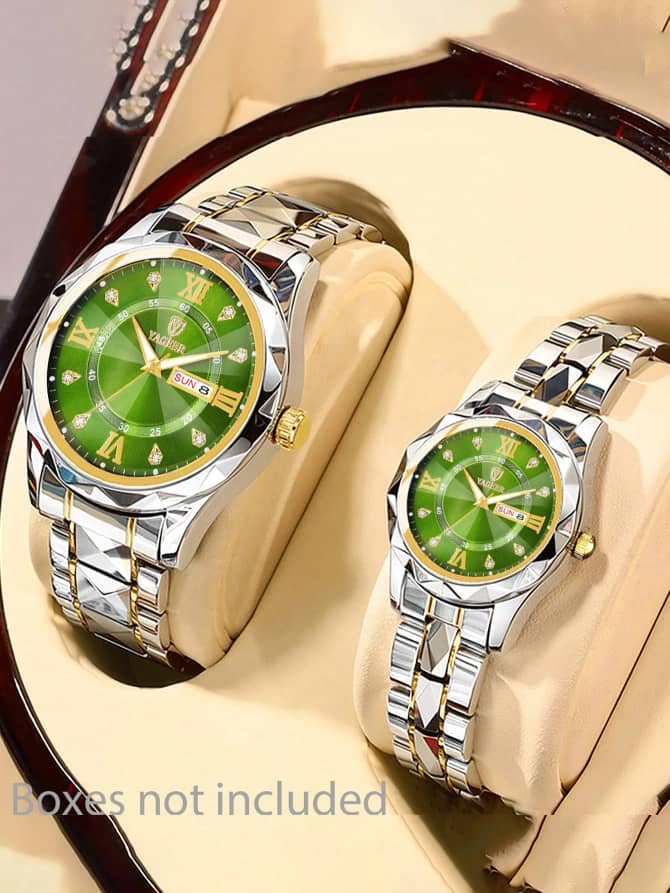2-Piece Stainless Steel Couple Watch Set with Dual Calendar L040SN