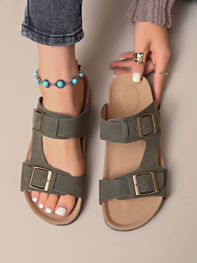 L094SN PWIIMG Women's Green Cork Sole Massage Flat Sandals