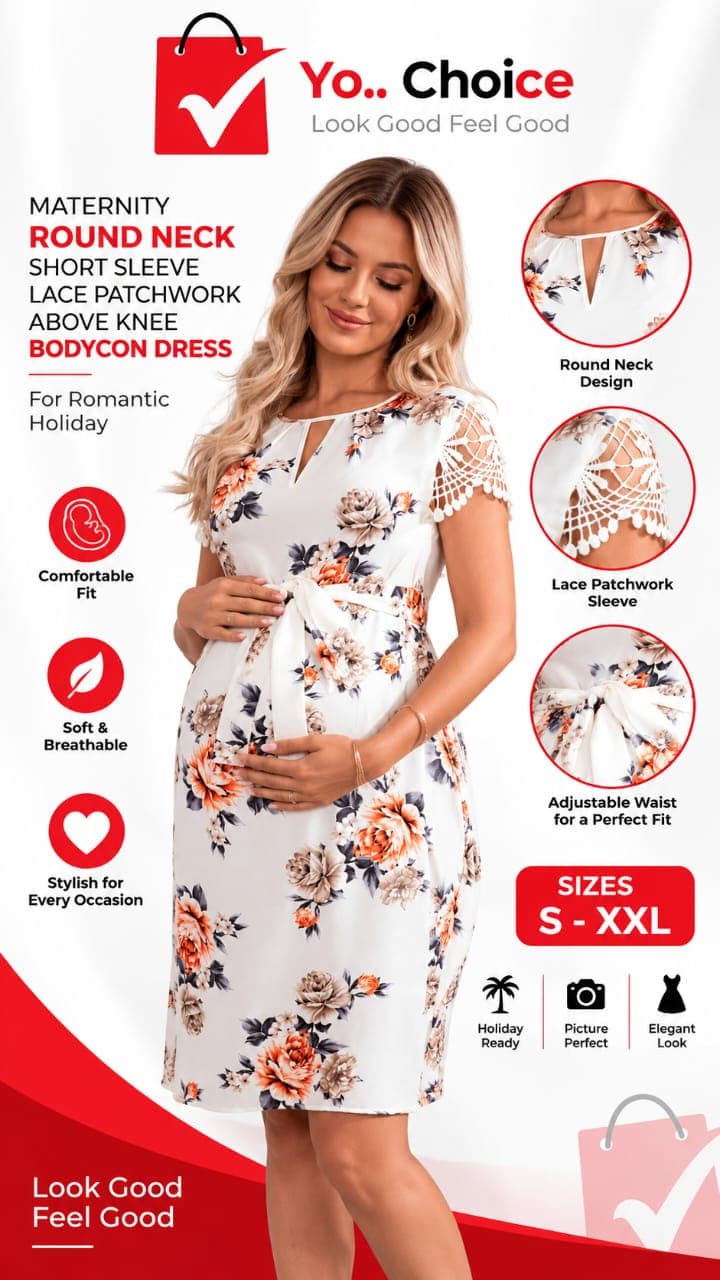 L145SN Maternity Round Neck Short Sleeve Lace Patchwork Above-Knee Dress
