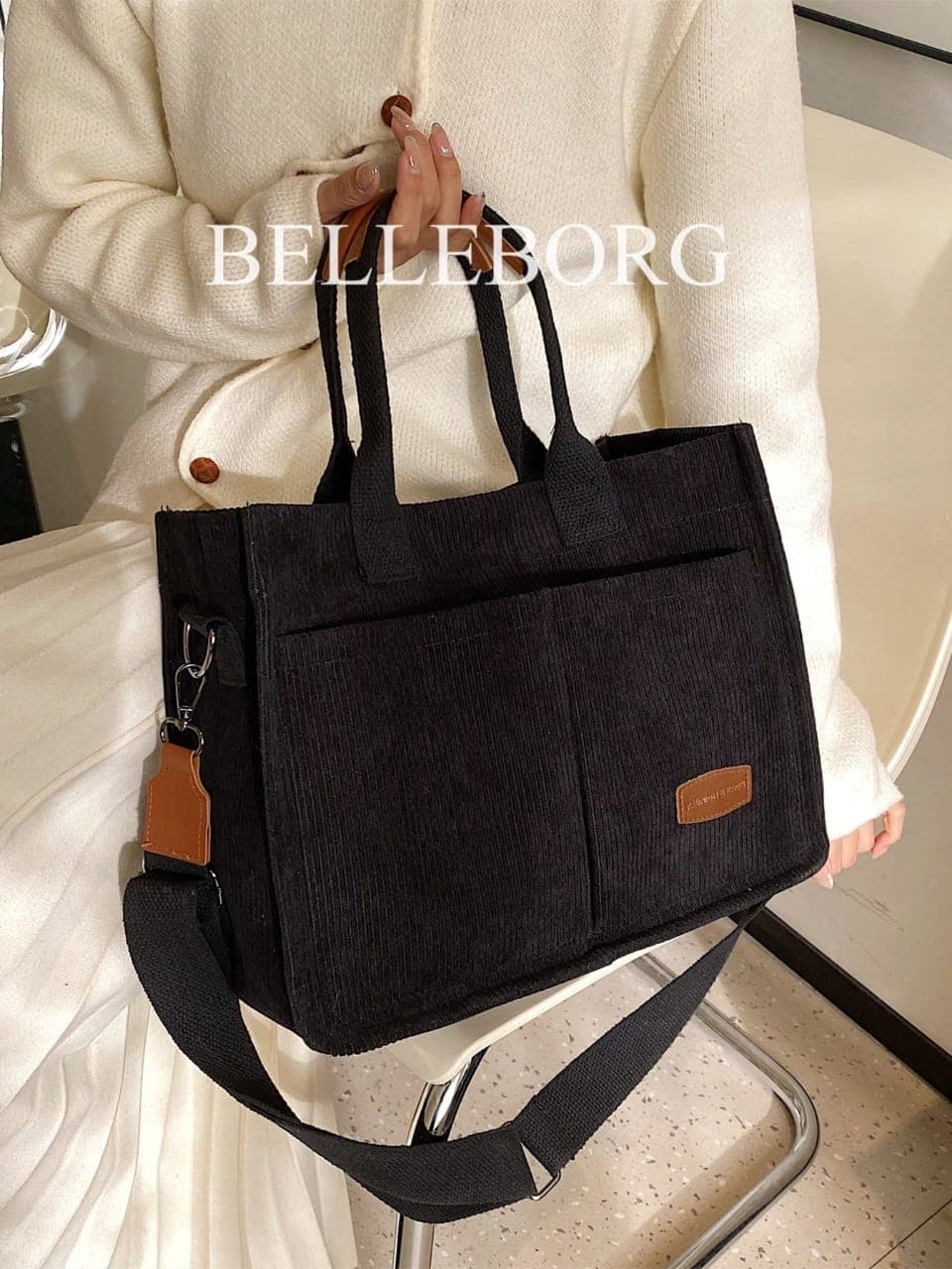 L103SN Striped Corduroy Large Capacity Shoulder Tote Bag