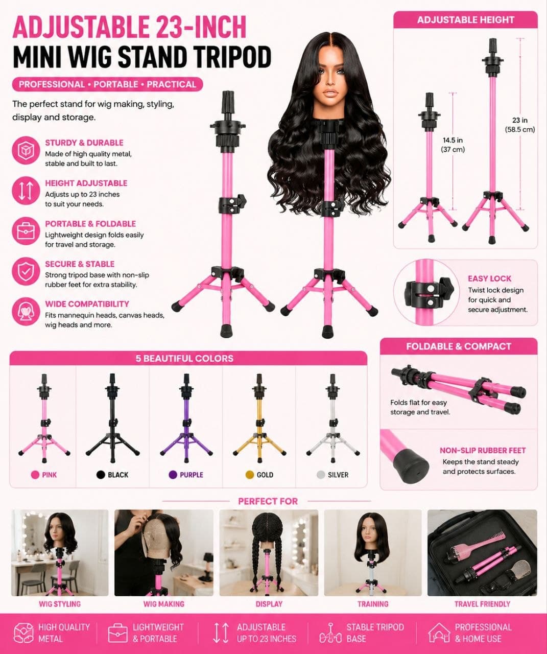 Adjustable 23"Wig Stand Tripod - 5Color High-Quality Metal, Portable & Foldable Design E003SN
