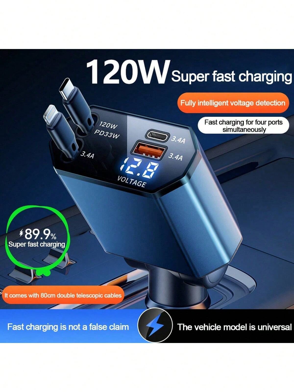 Car Charger Supports Super Fast Charging, Retractable 4-In-1 Cigarette Lighter Car Charger #SN