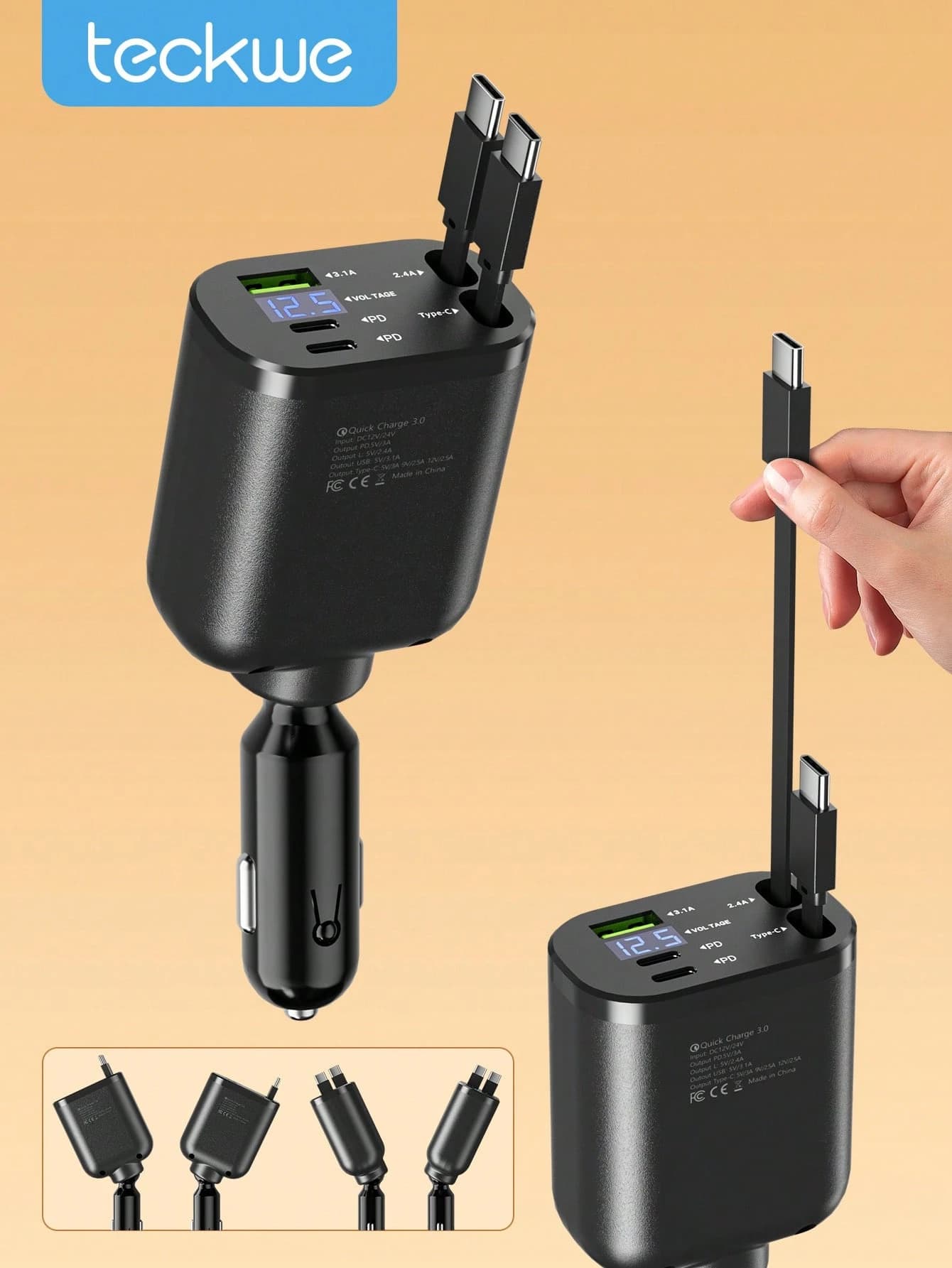 Teckwe Retractable Car Charger With Digital Display, 5 In 1 Fast Car Phone Charger With 2 PD Ports, 2 Retractable Cables And USB Car Charger #SN
