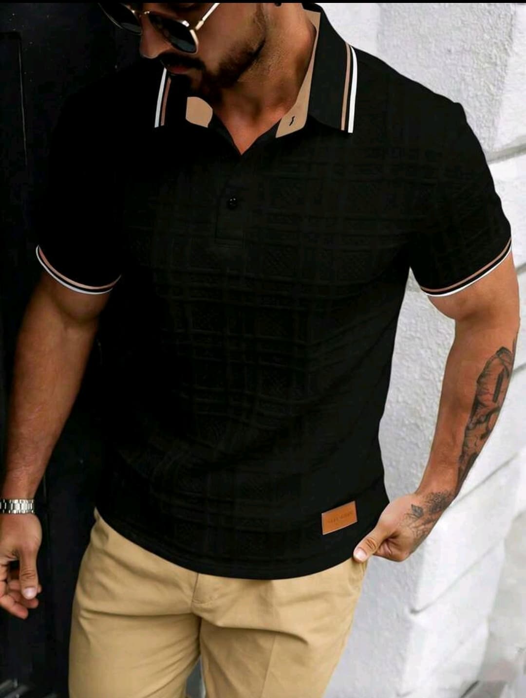 Manfinity Homme Men's Simple Print Short Sleeve Polo Shirt - Black. #SN