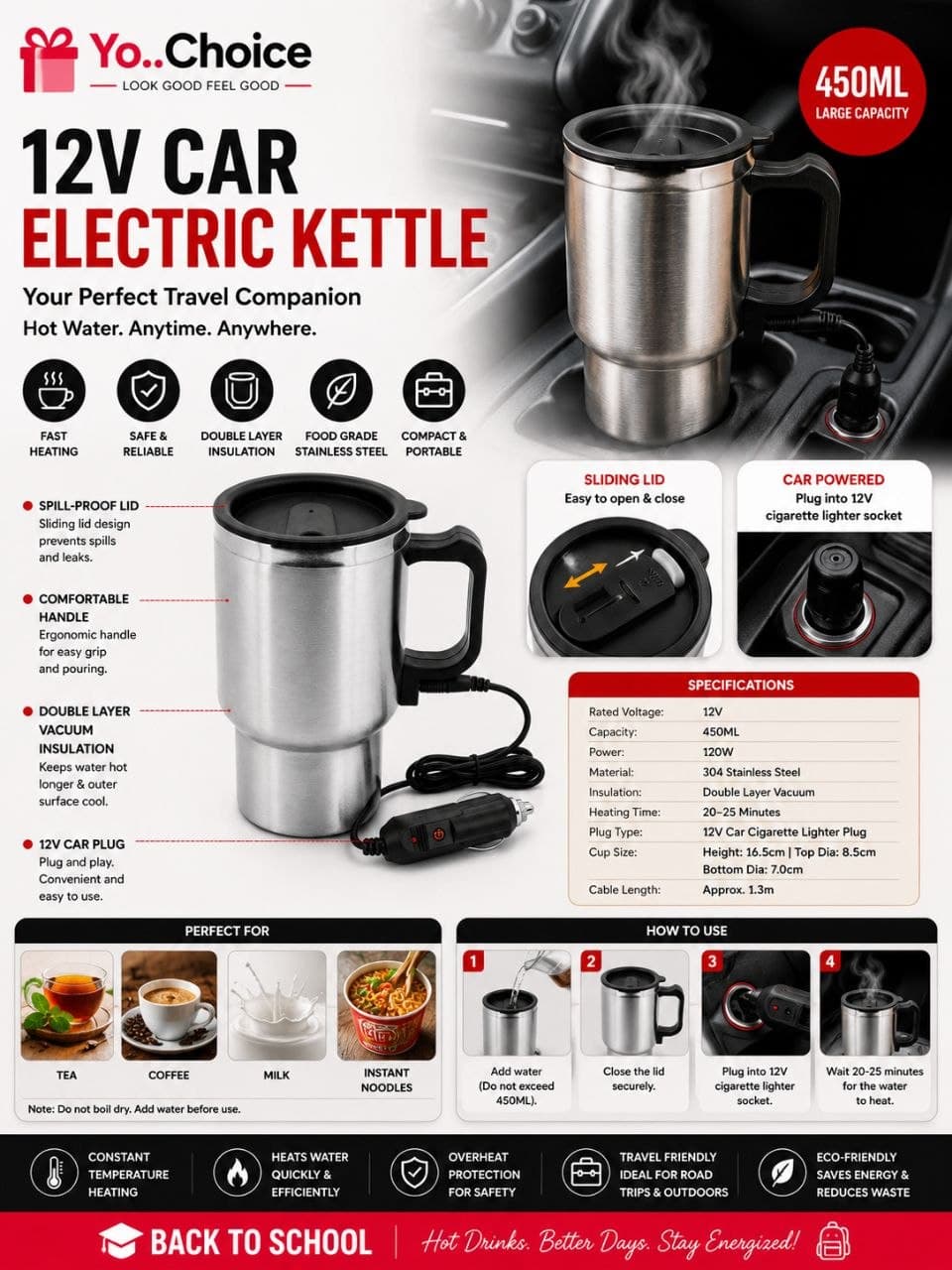 12V Car Electric Kettle 450ml E018SN