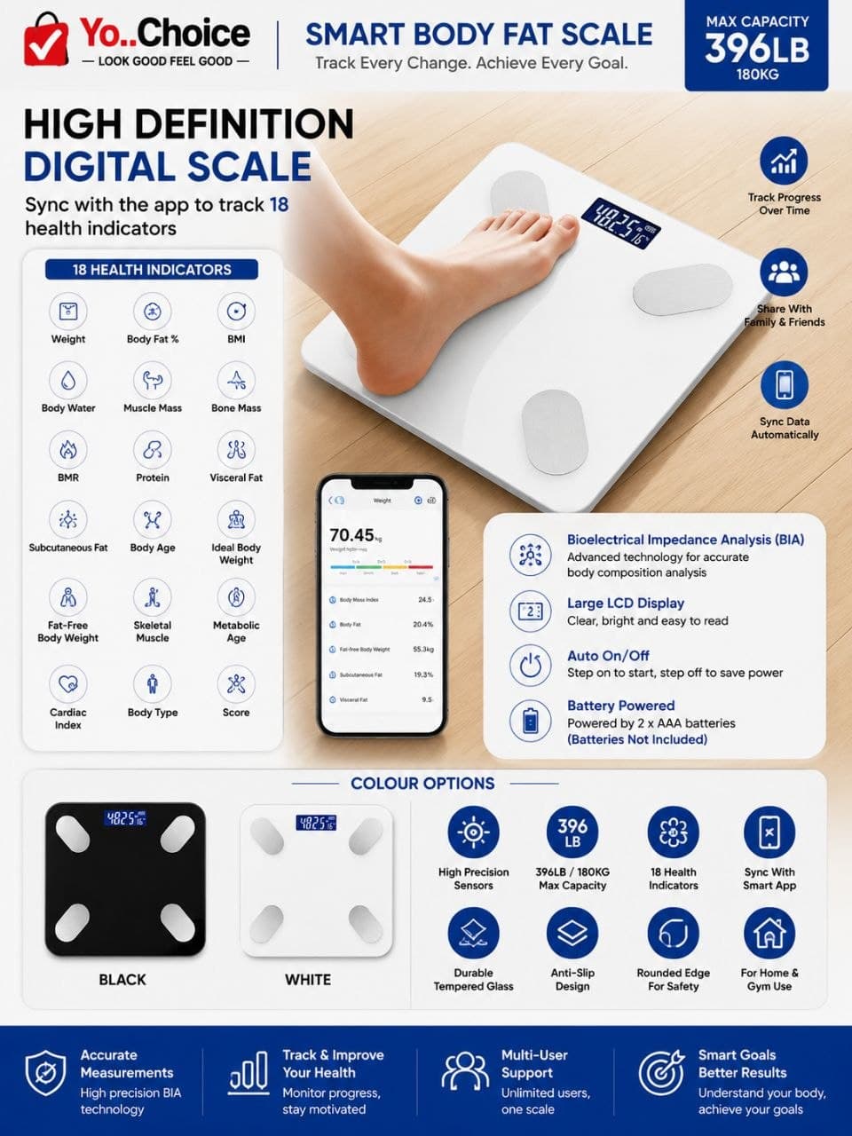 Smart Body Fat Scale Can Sync With The App To Track 18 Health Indicators. F008SN