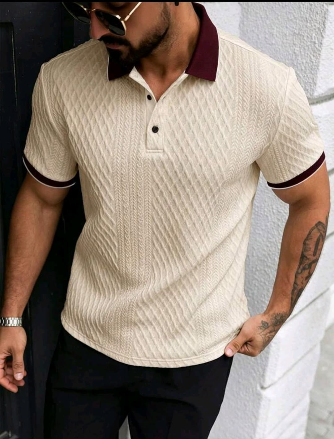 EGENSIO Men's Knitted Jacquard Textured Solid Color Ribbed Collar Polo Shirt #SN