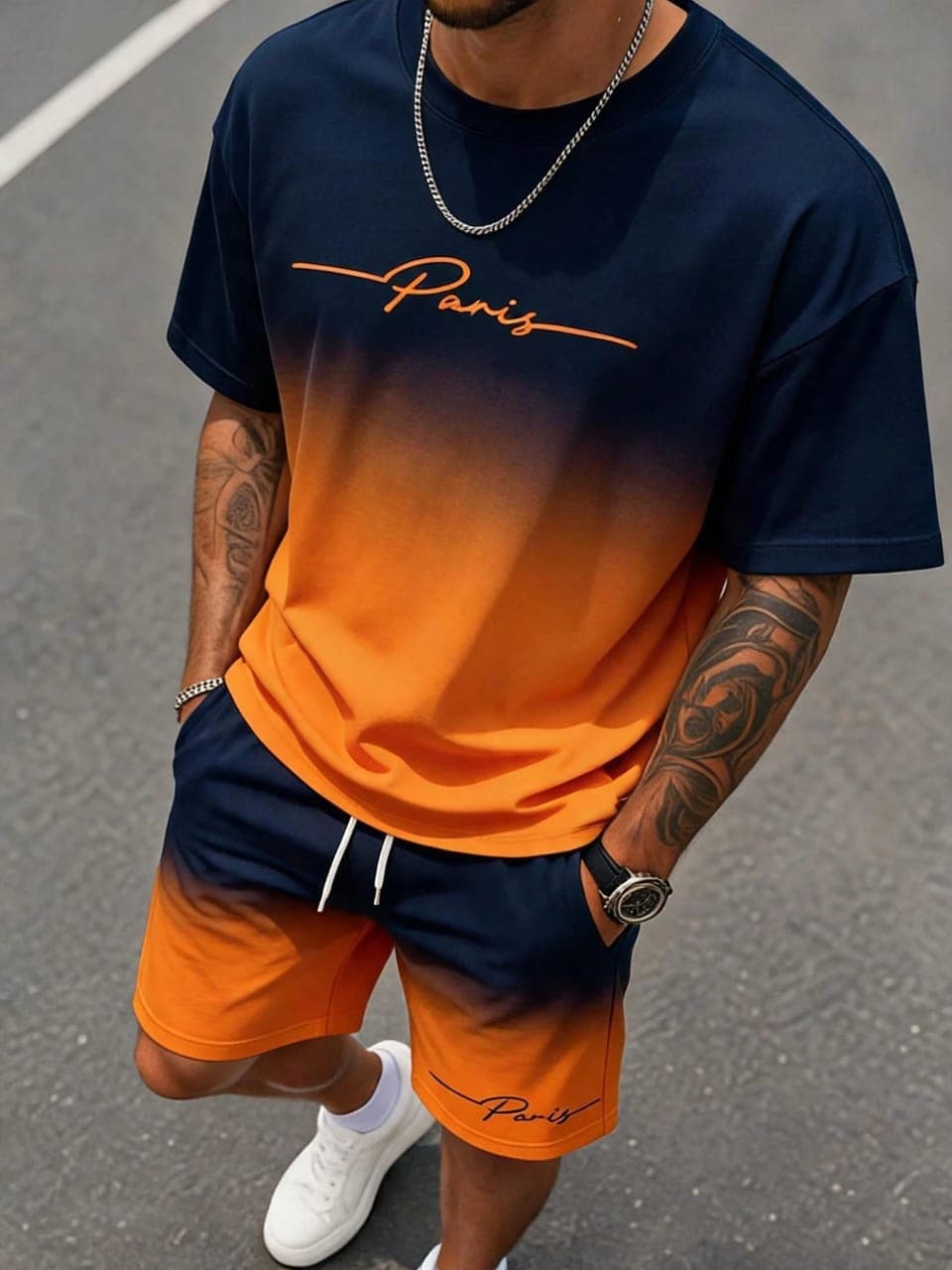 L073SN Sorvial Men's Gradient Letter Print T-Shirt & Shorts Set