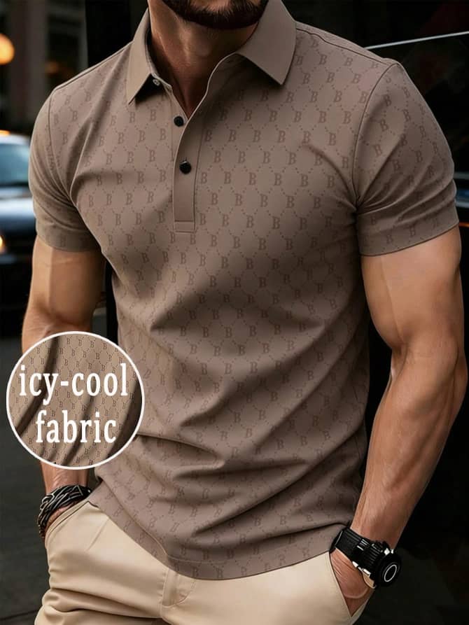 L110SN Men's Summer Breathable Silk-Like Letter Print Polo Shirt