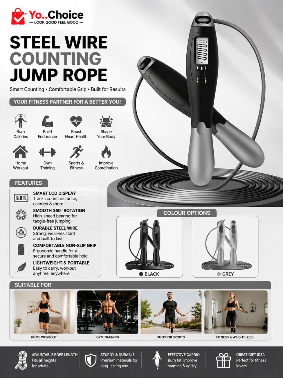 Professional Digital Counting Skipping Rope - Adjustable Length, Tangle-Free Durable PVC Rope, F010SN