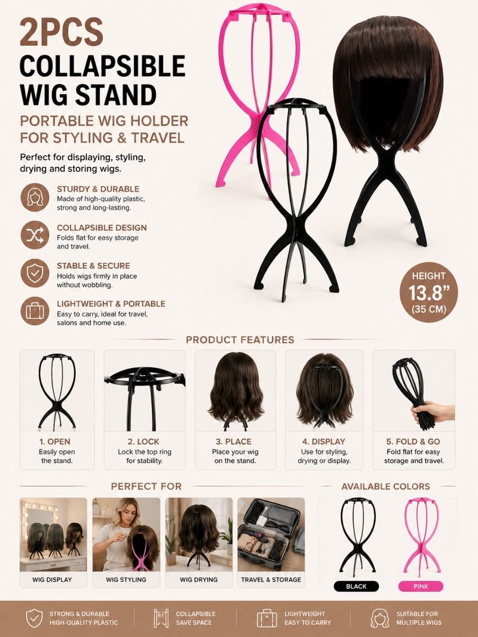 2PCS Collapsible Wig Stand For Women, Portable Wig Holder For Styling And Travel, 13.8 Inch Wig Display Head For Multiple Wigs E001SN